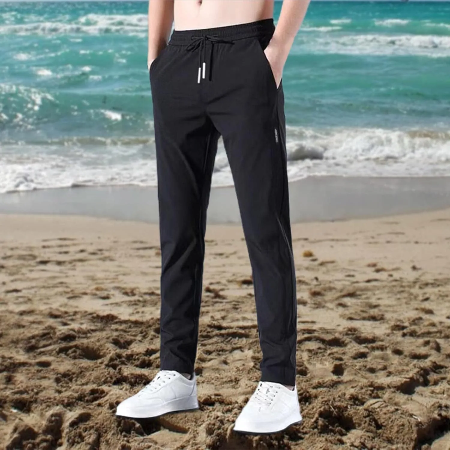 Mens Casual Pants Classic Fit Flat Front Pants Lightweight Elastic Waist Golf Trousers with Pockets for Men