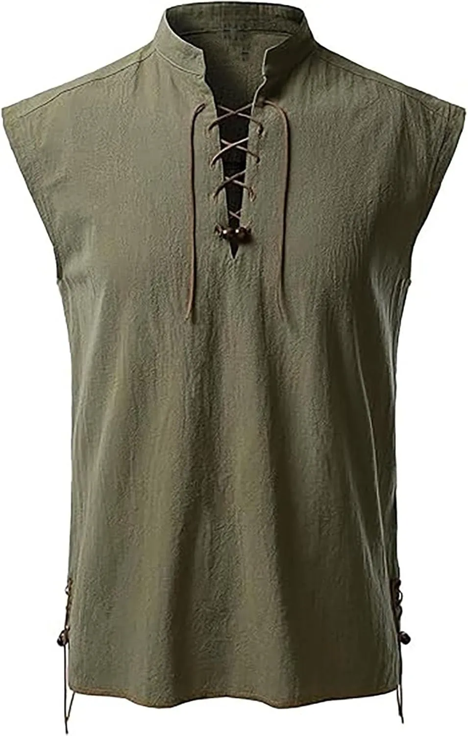 Men's Cotton Linen Tank Tops Workout Lace Up Sleeveless Shirts Bodybuilding Fitted Muscle Cut Off Shirt Vest Retro