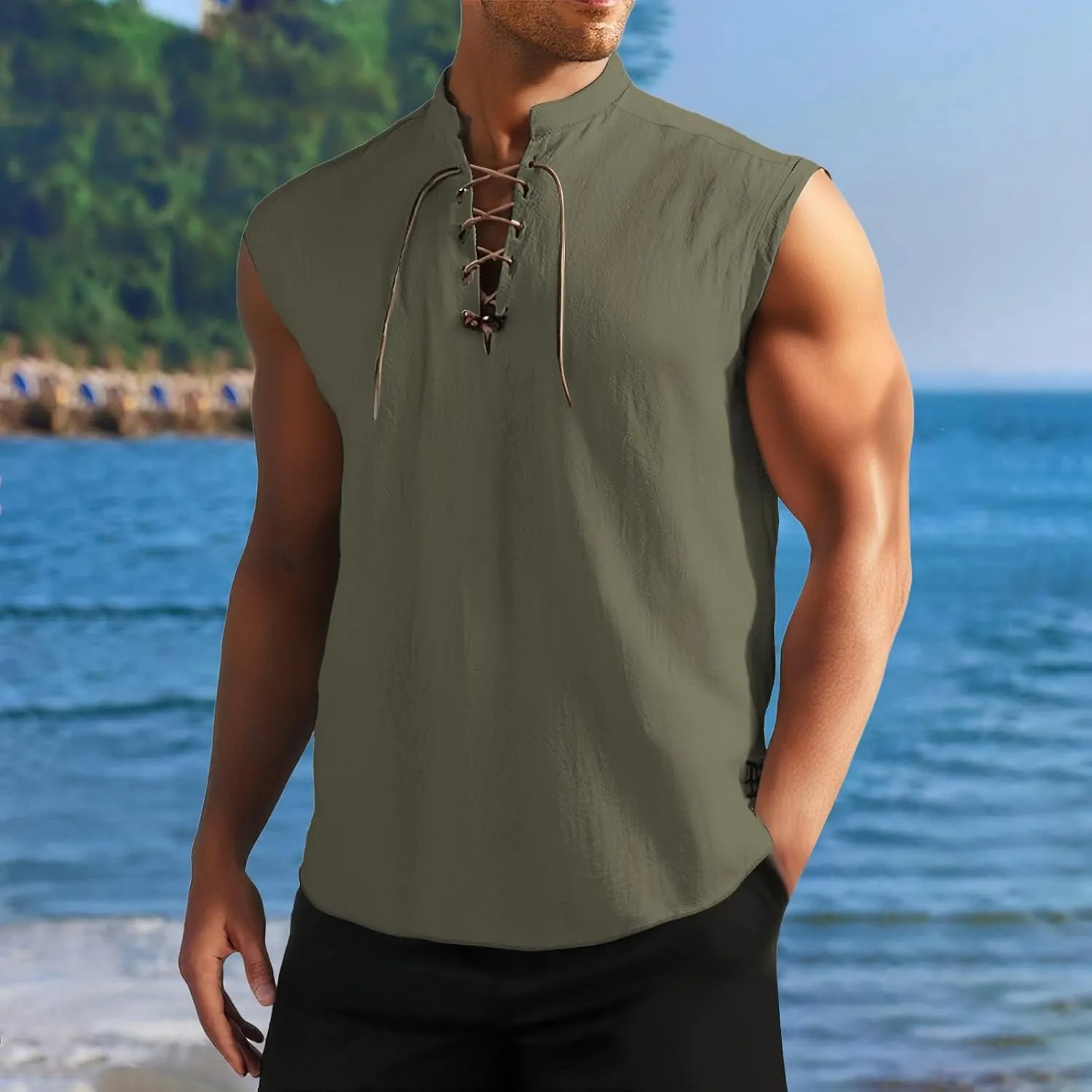 Men's Cotton Linen Tank Tops Workout Lace Up Sleeveless Shirts Bodybuilding Fitted Muscle Cut Off Shirt Vest Retro