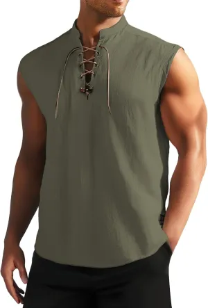 Men's Cotton Linen Tank Tops Workout Lace Up Sleeveless Shirts Bodybuilding Fitted Muscle Cut Off Shirt Vest Retro