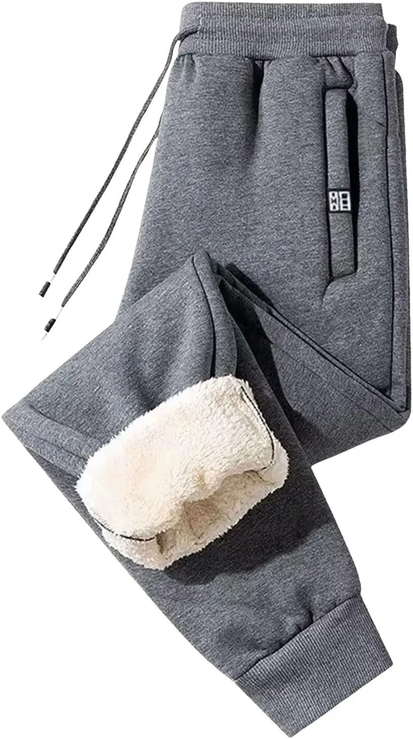 Mens Fleece Lined Pants, Mens Sherpa Lined Sweatpants Winter Warm Fleece Pants Straight Leg Drawstring Jogging Pants