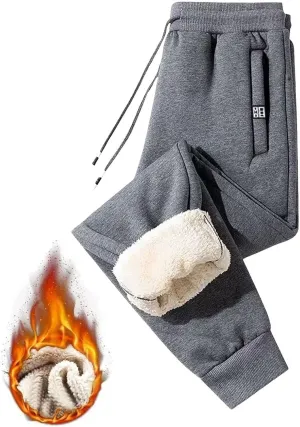 Mens Fleece Lined Pants, Mens Sherpa Lined Sweatpants Winter Warm Fleece Pants Straight Leg Drawstring Jogging Pants