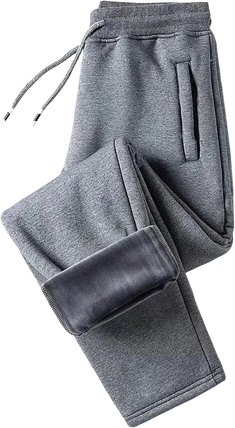 Mens Fleece Lined Pants, Mens Sherpa Lined Sweatpants Winter Warm Fleece Pants Straight Leg Drawstring Jogging Pants