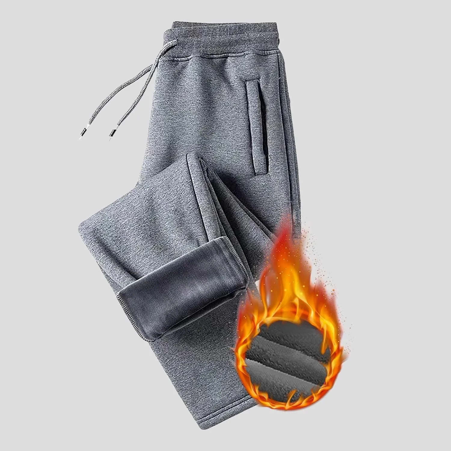 Mens Fleece Lined Pants, Mens Sherpa Lined Sweatpants Winter Warm Fleece Pants Straight Leg Drawstring Jogging Pants