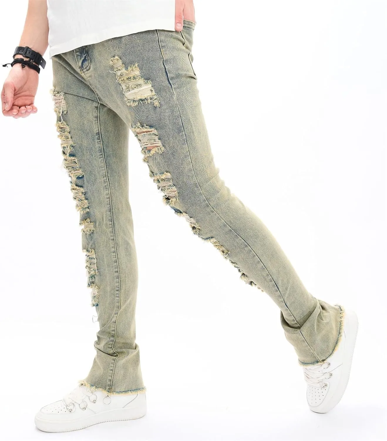 Men's Ripped Skinny Stacked Jeans Mens Straight Leg Patched Stacked Denim Pants Distressed Streetwear Trousers