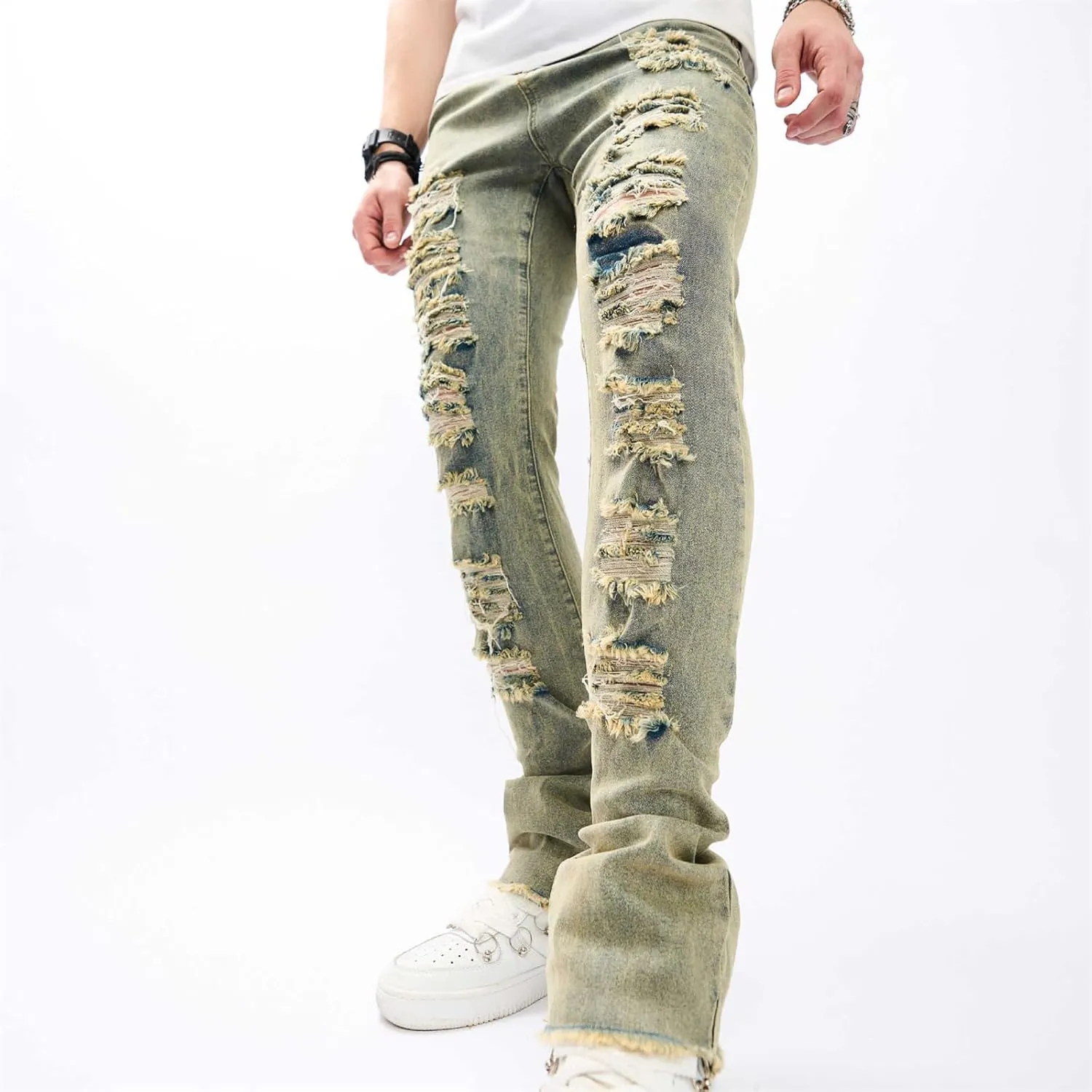 Men's Ripped Skinny Stacked Jeans Mens Straight Leg Patched Stacked Denim Pants Distressed Streetwear Trousers