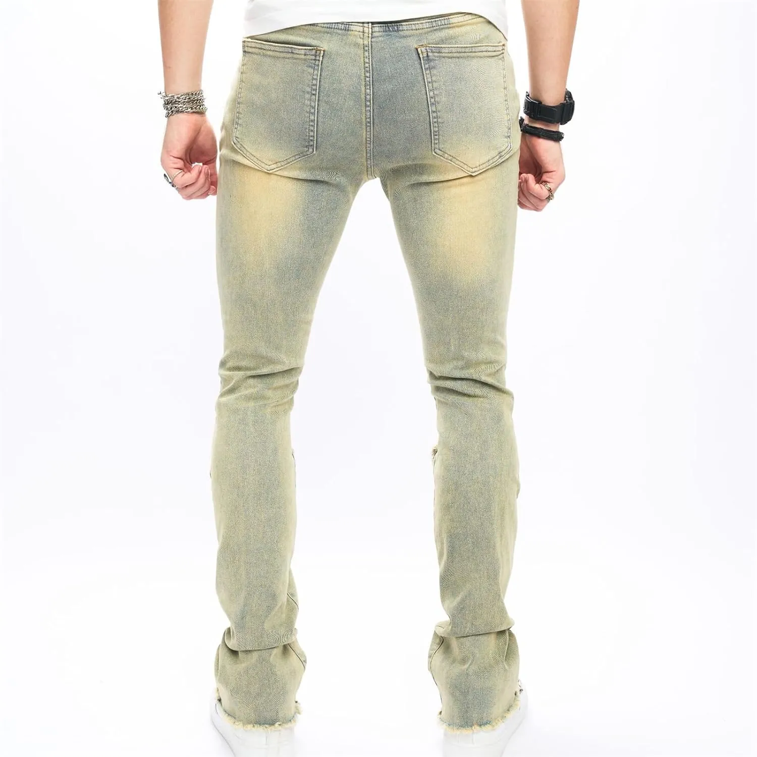 Men's Ripped Skinny Stacked Jeans Mens Straight Leg Patched Stacked Denim Pants Distressed Streetwear Trousers