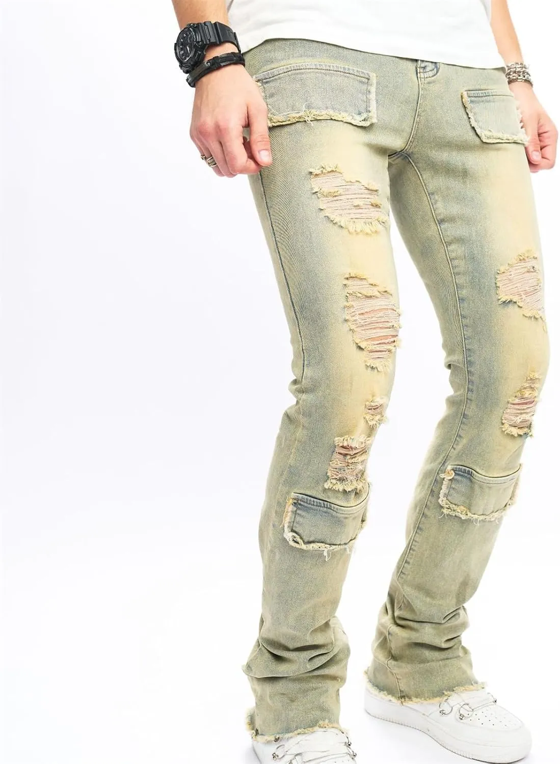 Men's Ripped Skinny Stacked Jeans Mens Straight Leg Patched Stacked Denim Pants Distressed Streetwear Trousers