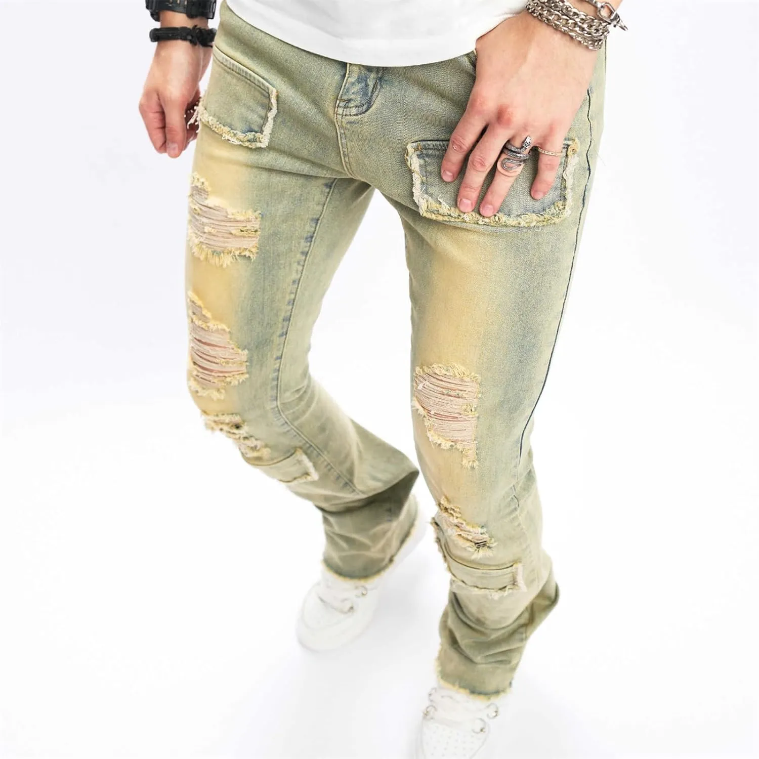 Men's Ripped Skinny Stacked Jeans Mens Straight Leg Patched Stacked Denim Pants Distressed Streetwear Trousers