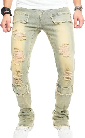 Men's Ripped Skinny Stacked Jeans Mens Straight Leg Patched Stacked Denim Pants Distressed Streetwear Trousers