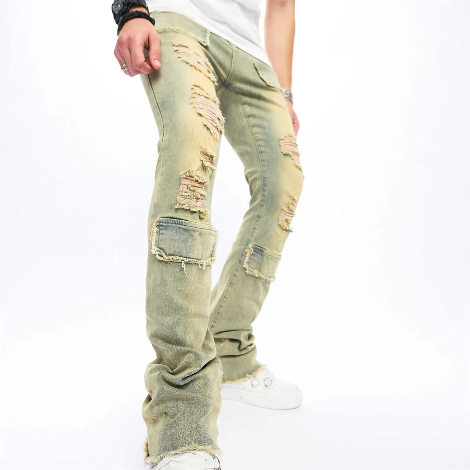 Men's Ripped Skinny Stacked Jeans Mens Straight Leg Patched Stacked Denim Pants Distressed Streetwear Trousers