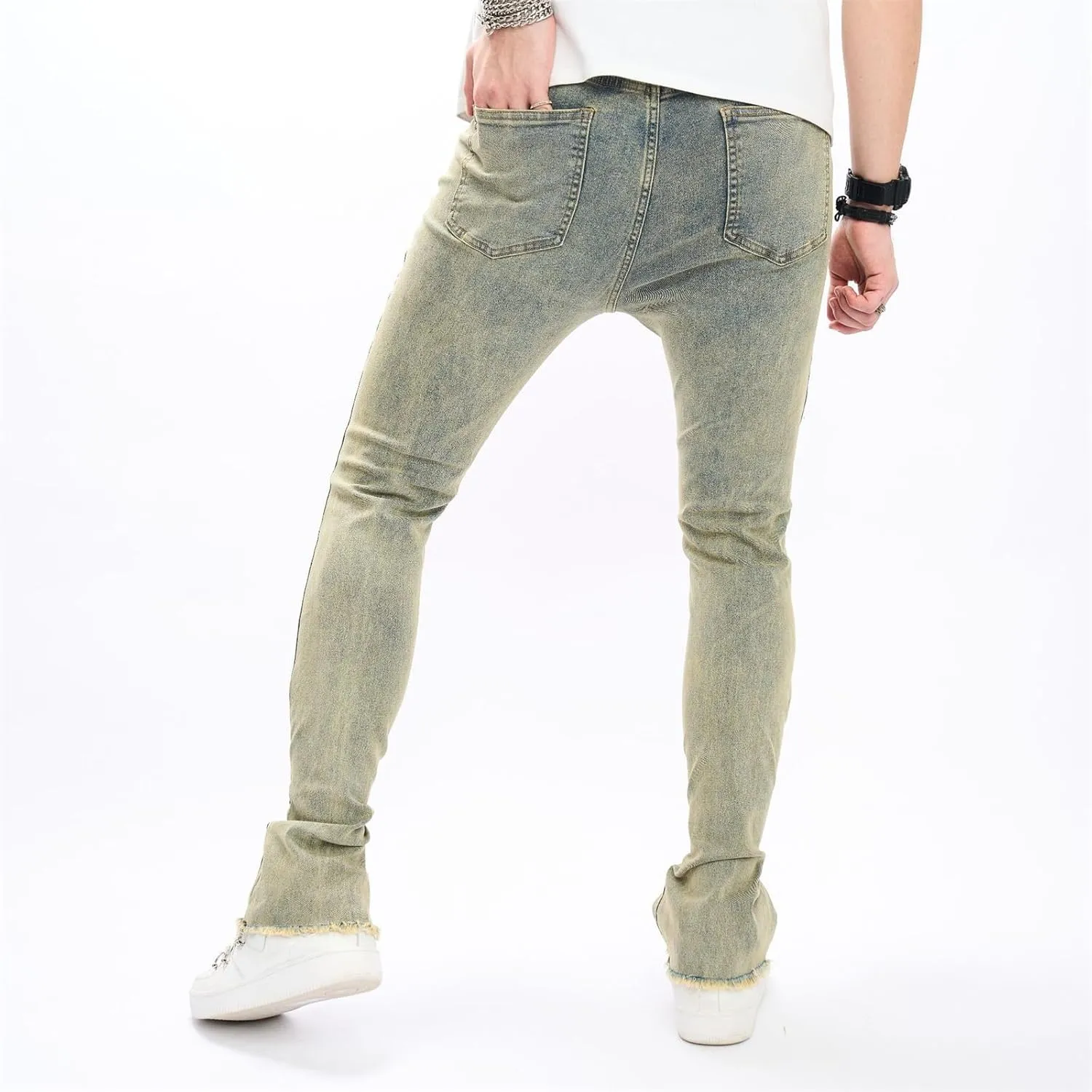 Men's Ripped Skinny Stacked Jeans Mens Straight Leg Patched Stacked Denim Pants Distressed Streetwear Trousers