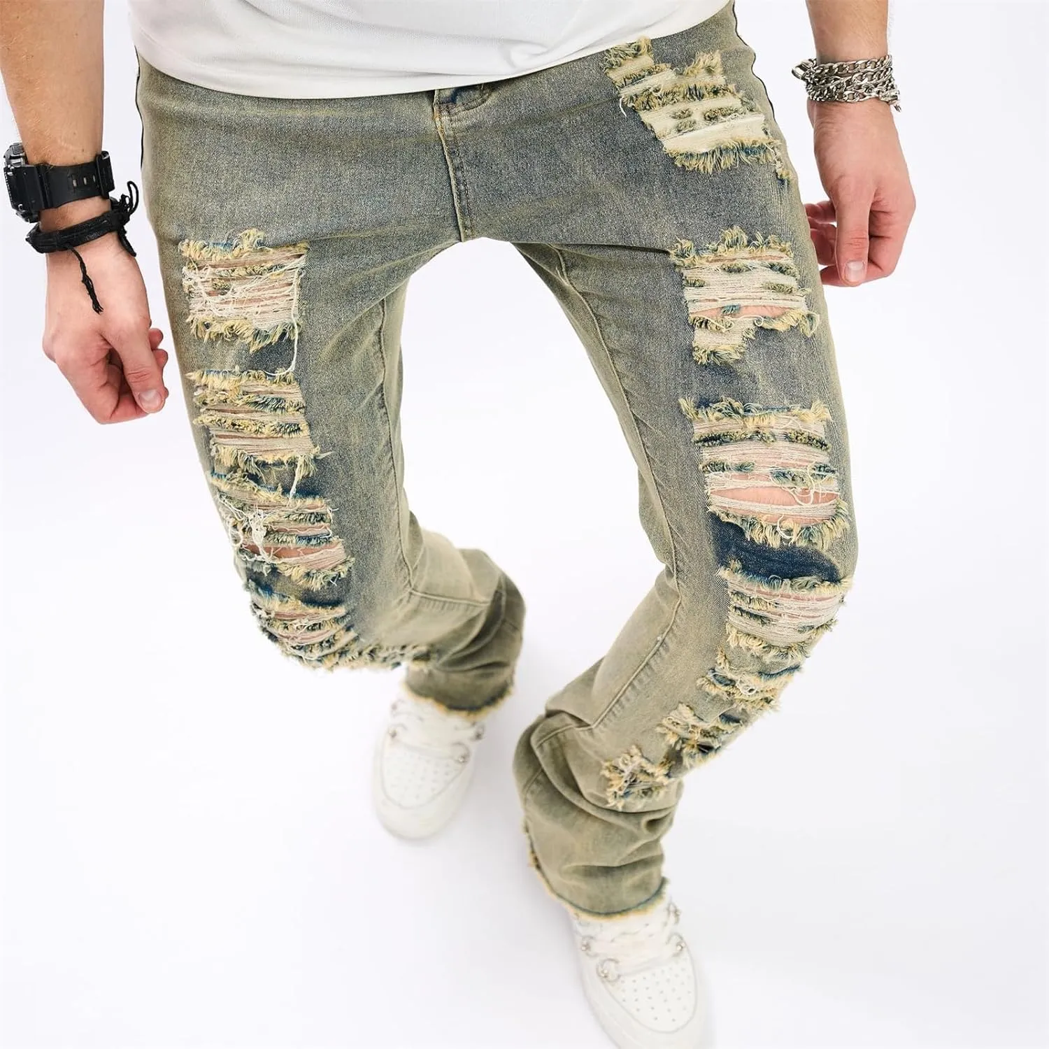 Men's Ripped Skinny Stacked Jeans Mens Straight Leg Patched Stacked Denim Pants Distressed Streetwear Trousers