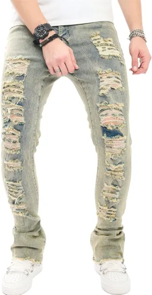 Men's Ripped Skinny Stacked Jeans Mens Straight Leg Patched Stacked Denim Pants Distressed Streetwear Trousers