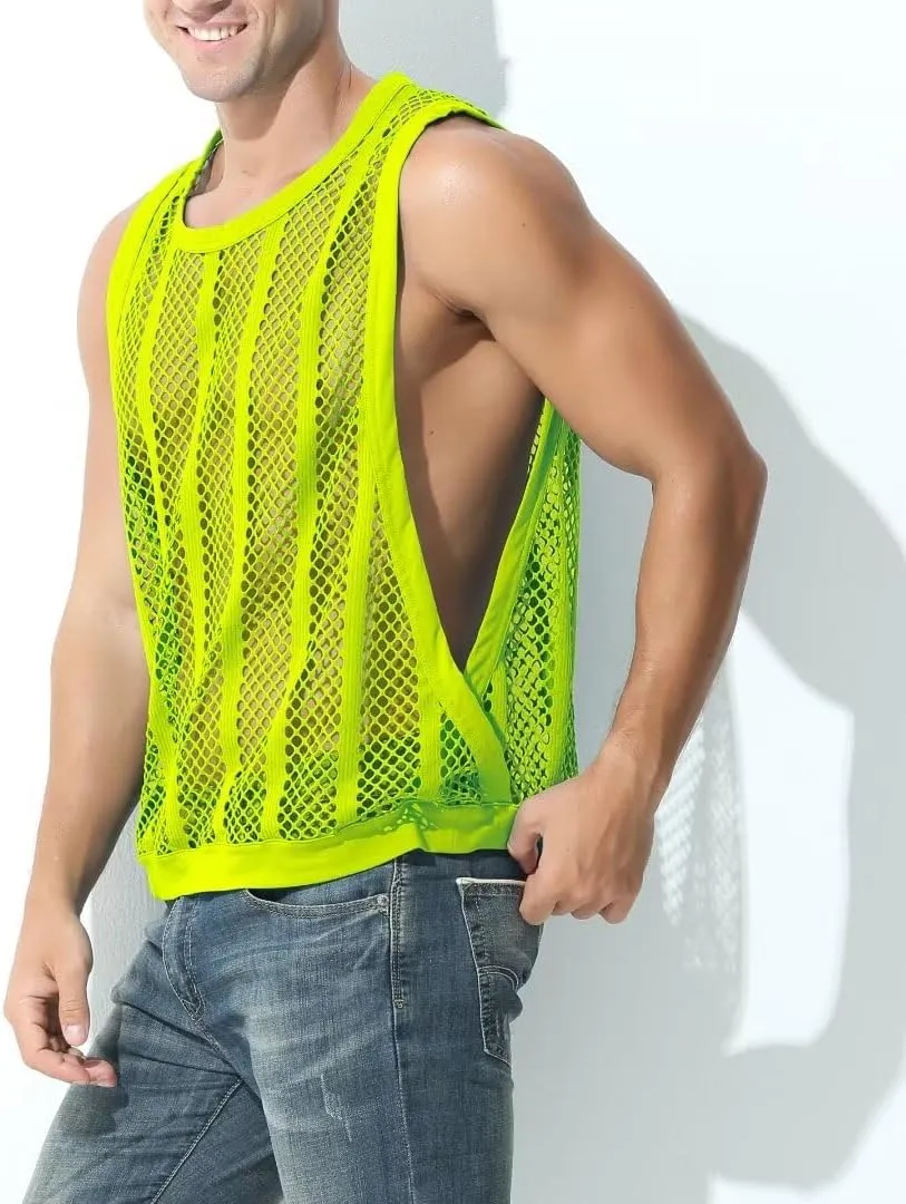 Mens See Through Fishnet Tank Tops Sleeveless Stripe Mesh Fitted Muscle Top Workout Beach Shirts