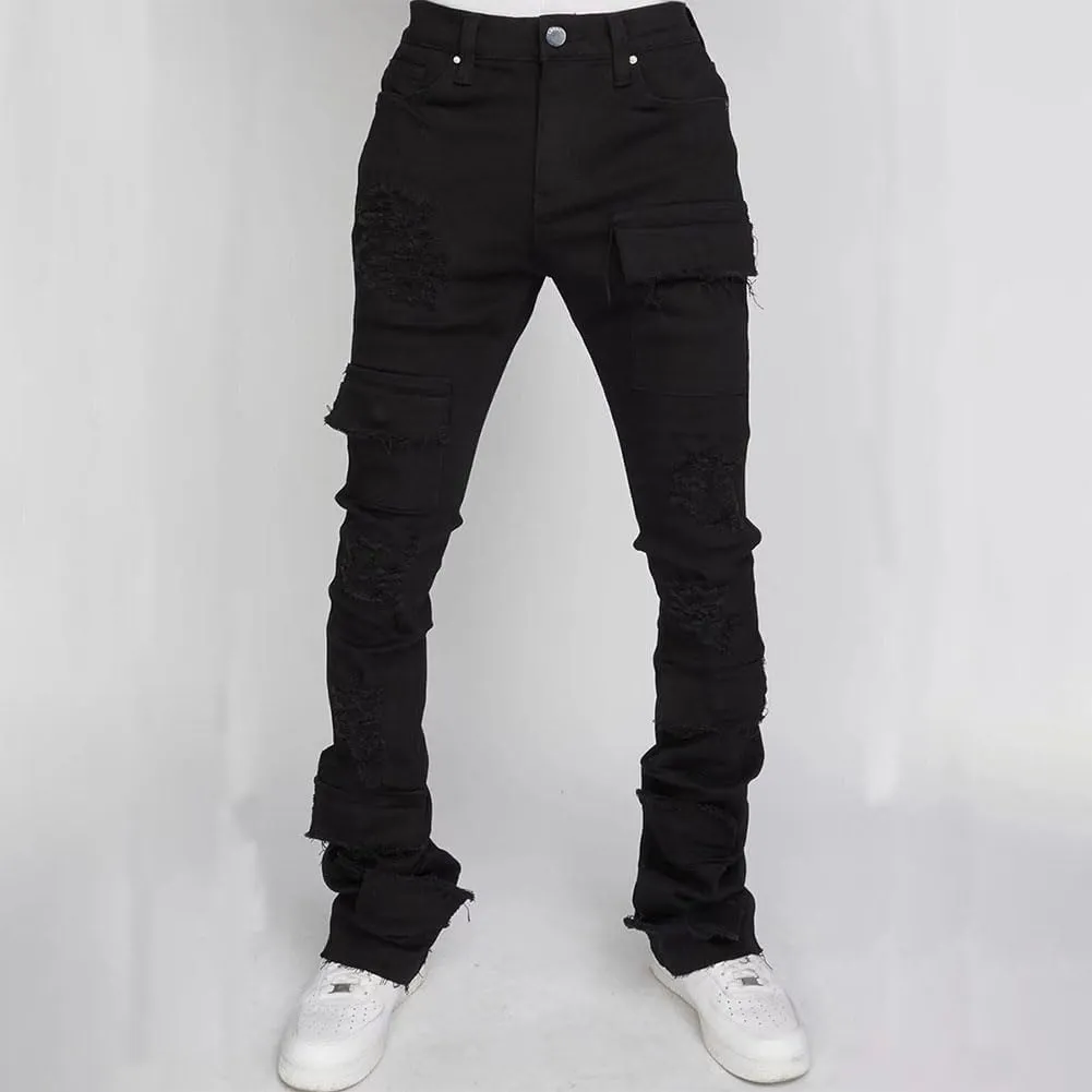 Mens Skinny Straight Leg Stacked Jeans Ripped Distressed Cargo Denim Pants