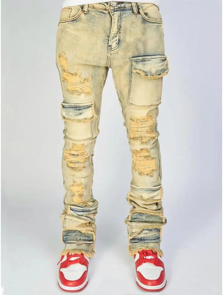 Mens Skinny Straight Leg Stacked Jeans Ripped Distressed Cargo Denim Pants