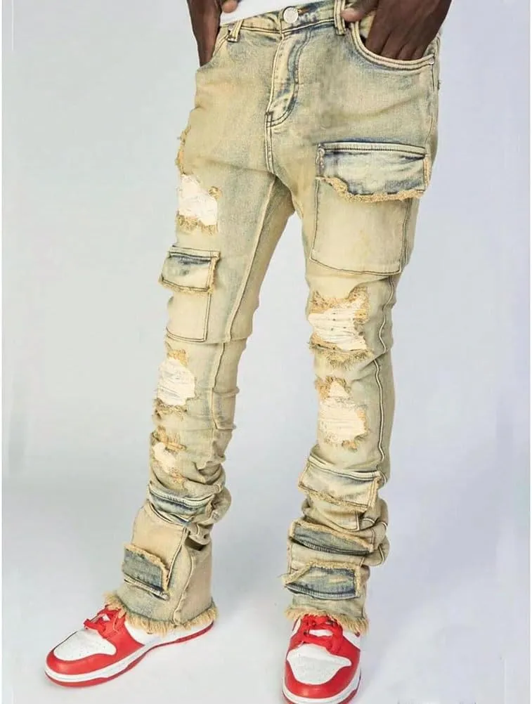 Mens Skinny Straight Leg Stacked Jeans Ripped Distressed Cargo Denim Pants