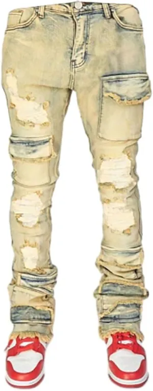 Mens Skinny Straight Leg Stacked Jeans Ripped Distressed Cargo Denim Pants