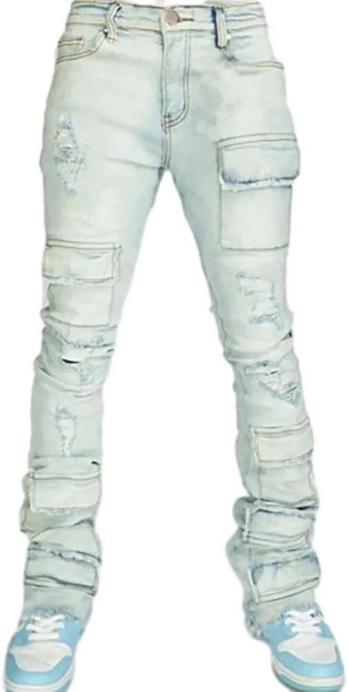 Mens Skinny Straight Leg Stacked Jeans Ripped Distressed Cargo Denim Pants