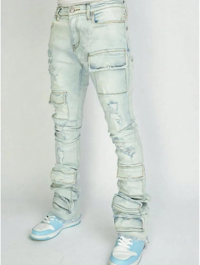 Mens Skinny Straight Leg Stacked Jeans Ripped Distressed Cargo Denim Pants