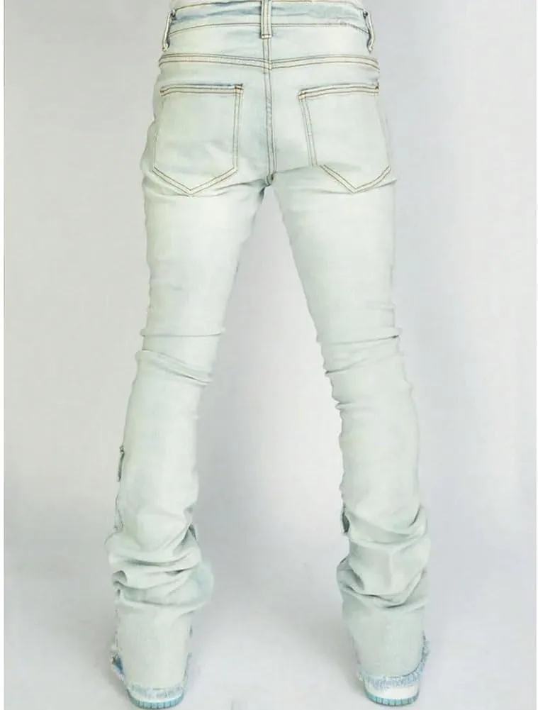 Mens Skinny Straight Leg Stacked Jeans Ripped Distressed Cargo Denim Pants