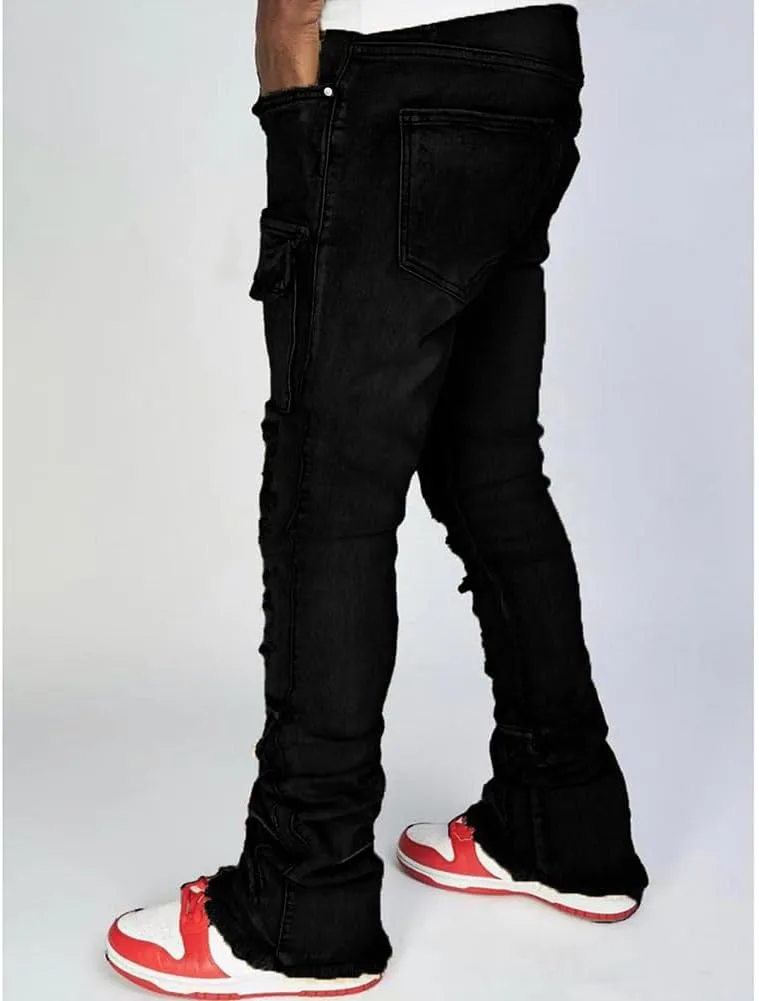 Mens Skinny Straight Leg Stacked Jeans Ripped Distressed Cargo Denim Pants