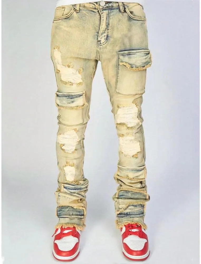 Mens Skinny Straight Leg Stacked Jeans Ripped Distressed Cargo Denim Pants
