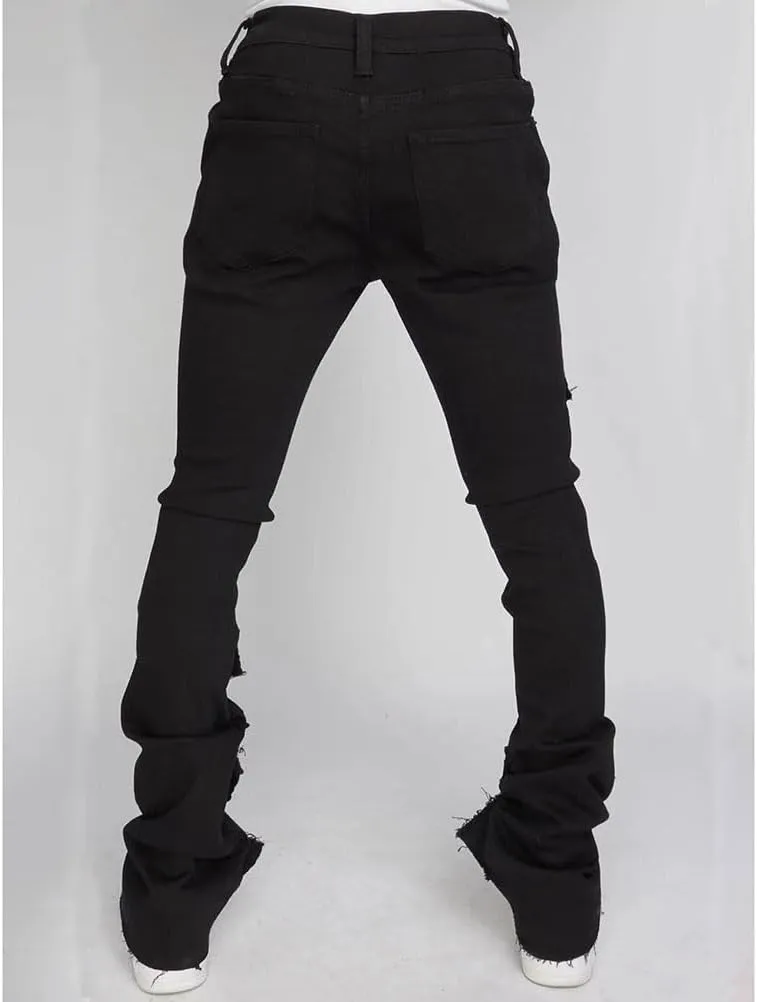 Mens Skinny Straight Leg Stacked Jeans Ripped Distressed Cargo Denim Pants