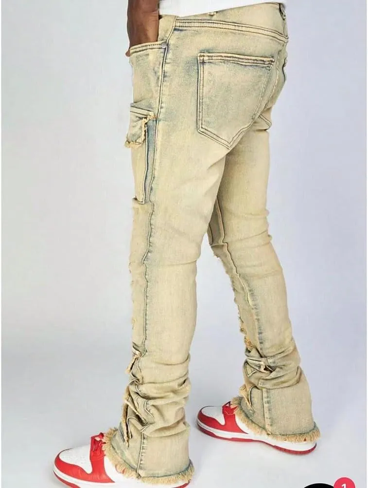 Mens Skinny Straight Leg Stacked Jeans Ripped Distressed Cargo Denim Pants