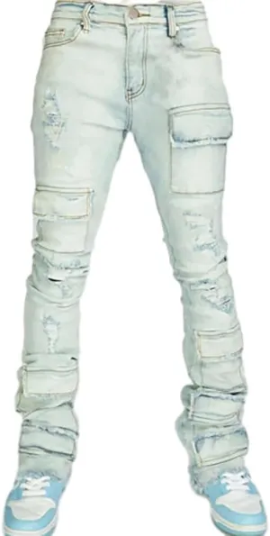 Mens Skinny Straight Leg Stacked Jeans Ripped Distressed Cargo Denim Pants