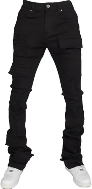 Mens Skinny Straight Leg Stacked Jeans Ripped Distressed Cargo Denim Pants
