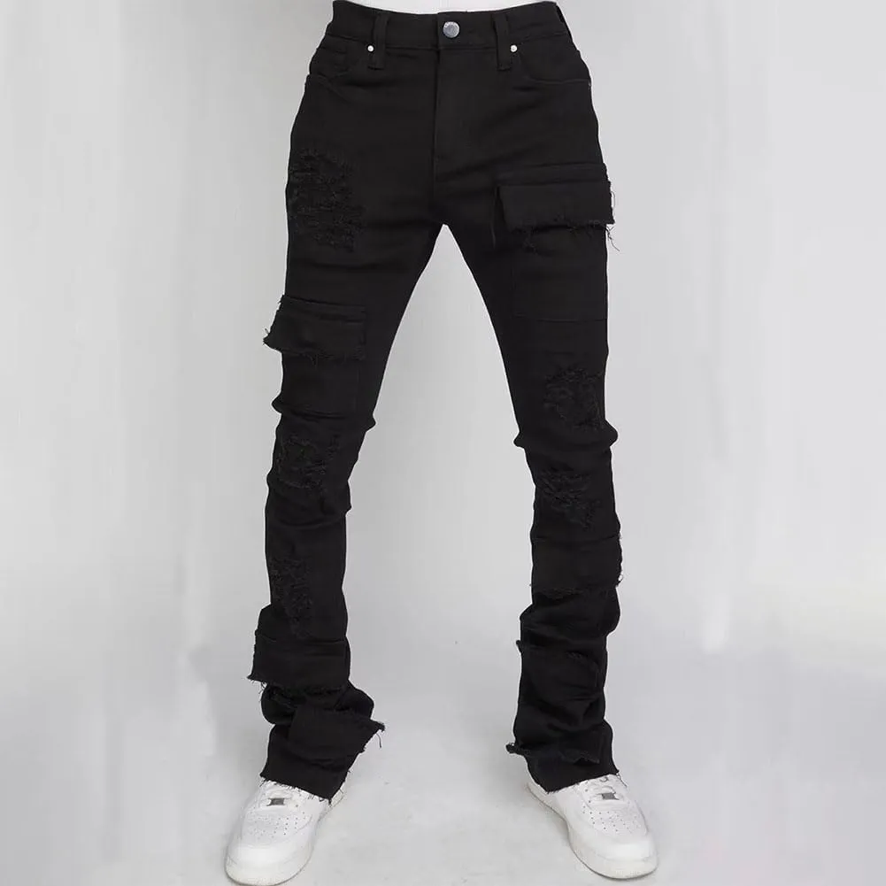 Mens Skinny Straight Leg Stacked Jeans Ripped Distressed Cargo Denim Pants