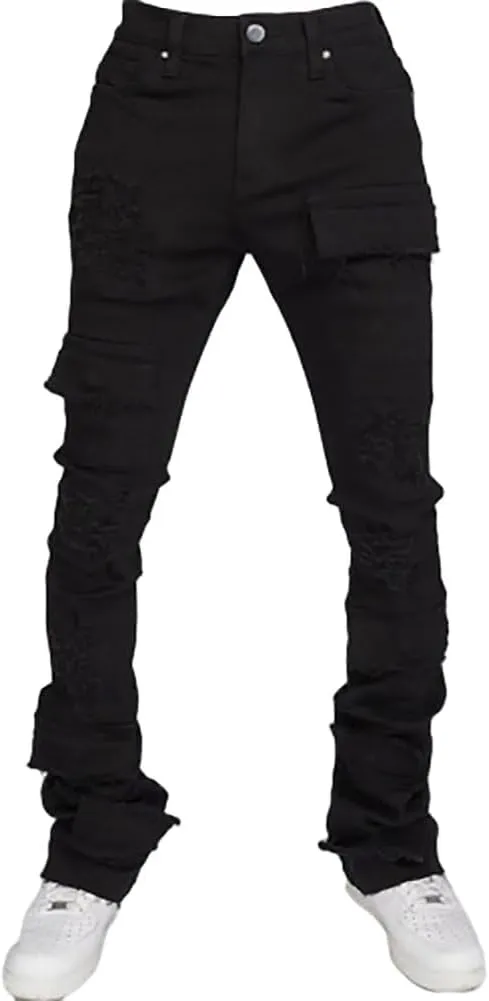 Mens Skinny Straight Leg Stacked Jeans Ripped Distressed Cargo Denim Pants
