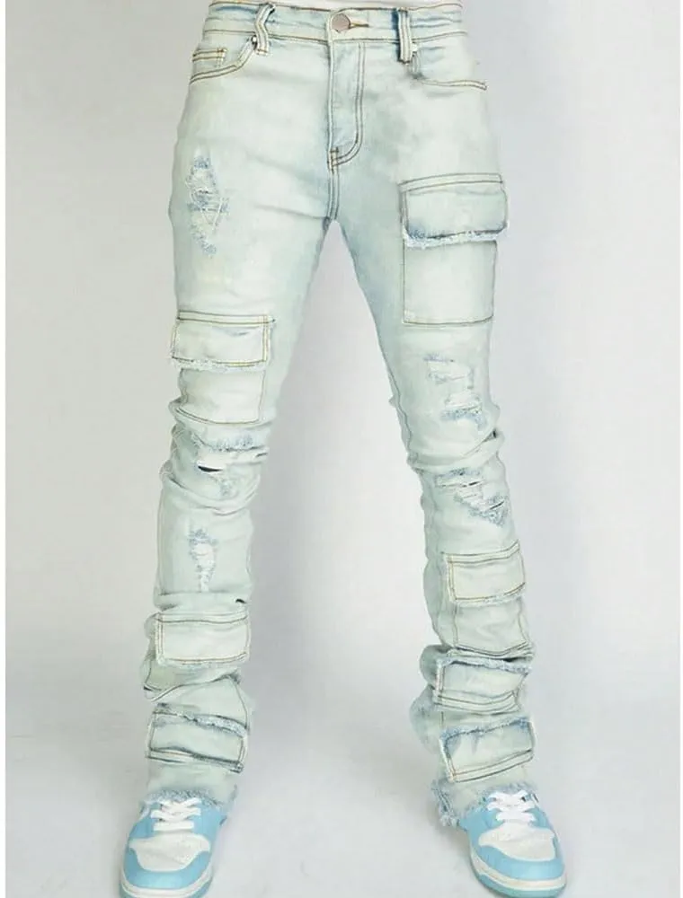 Mens Skinny Straight Leg Stacked Jeans Ripped Distressed Cargo Denim Pants