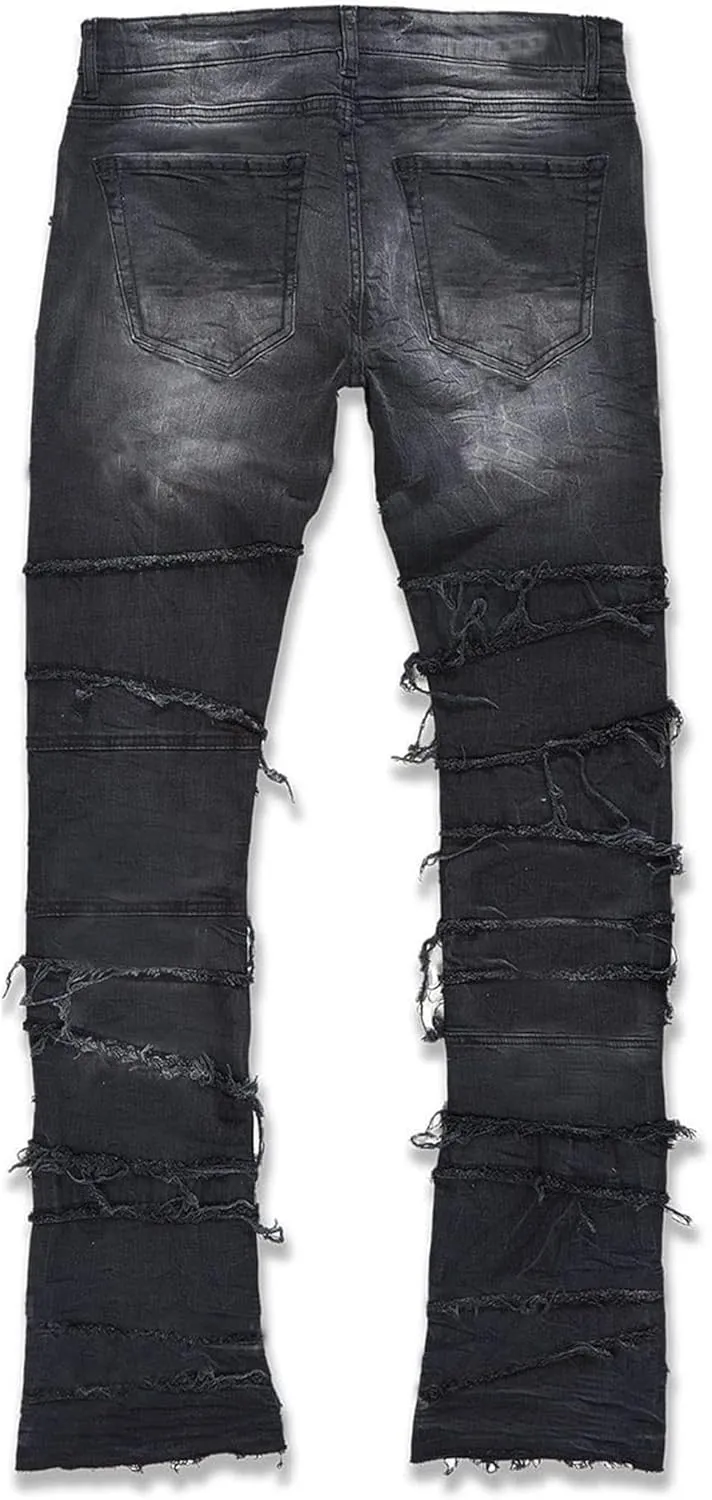Mens Stacked Jeans Stretchy Distressed Patchwork Slim Fit Straight Leg Denim Pants Hip Hop Trousers Streetwear