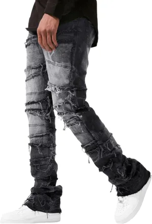 Mens Stacked Jeans Stretchy Distressed Patchwork Slim Fit Straight Leg Denim Pants Hip Hop Trousers Streetwear