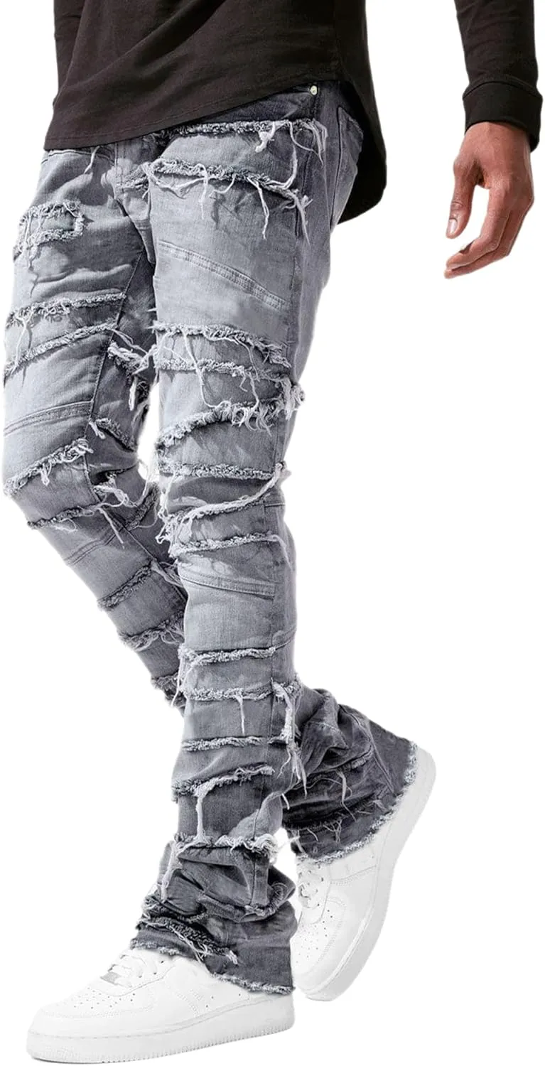 Mens Stacked Jeans Stretchy Distressed Patchwork Slim Fit Straight Leg Denim Pants Hip Hop Trousers Streetwear
