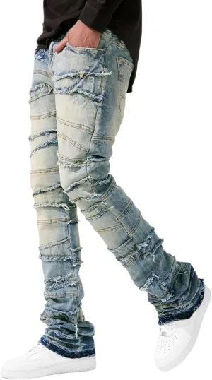 Mens Stacked Jeans Stretchy Distressed Patchwork Slim Fit Straight Leg Denim Pants Hip Hop Trousers Streetwear