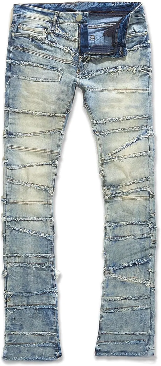 Mens Stacked Jeans Stretchy Distressed Patchwork Slim Fit Straight Leg Denim Pants Hip Hop Trousers Streetwear