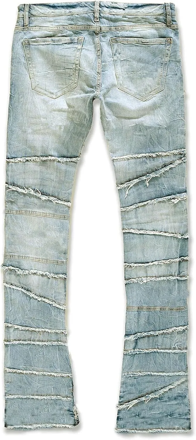 Mens Stacked Jeans Stretchy Distressed Patchwork Slim Fit Straight Leg Denim Pants Hip Hop Trousers Streetwear