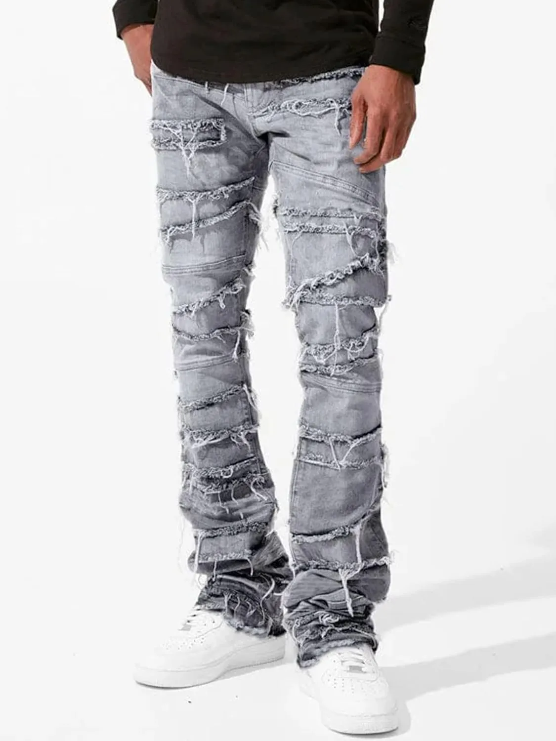 Mens Stacked Jeans Stretchy Distressed Patchwork Slim Fit Straight Leg Denim Pants Hip Hop Trousers Streetwear
