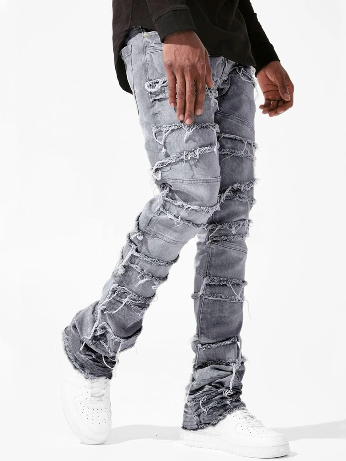 Mens Stacked Jeans Stretchy Distressed Patchwork Slim Fit Straight Leg Denim Pants Hip Hop Trousers Streetwear
