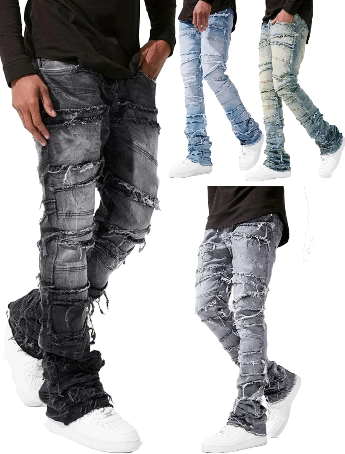 Mens Stacked Jeans Stretchy Distressed Patchwork Slim Fit Straight Leg Denim Pants Hip Hop Trousers Streetwear