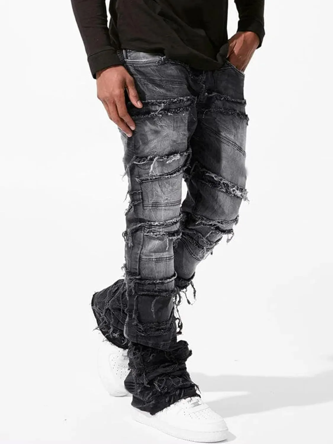 Mens Stacked Jeans Stretchy Distressed Patchwork Slim Fit Straight Leg Denim Pants Hip Hop Trousers Streetwear
