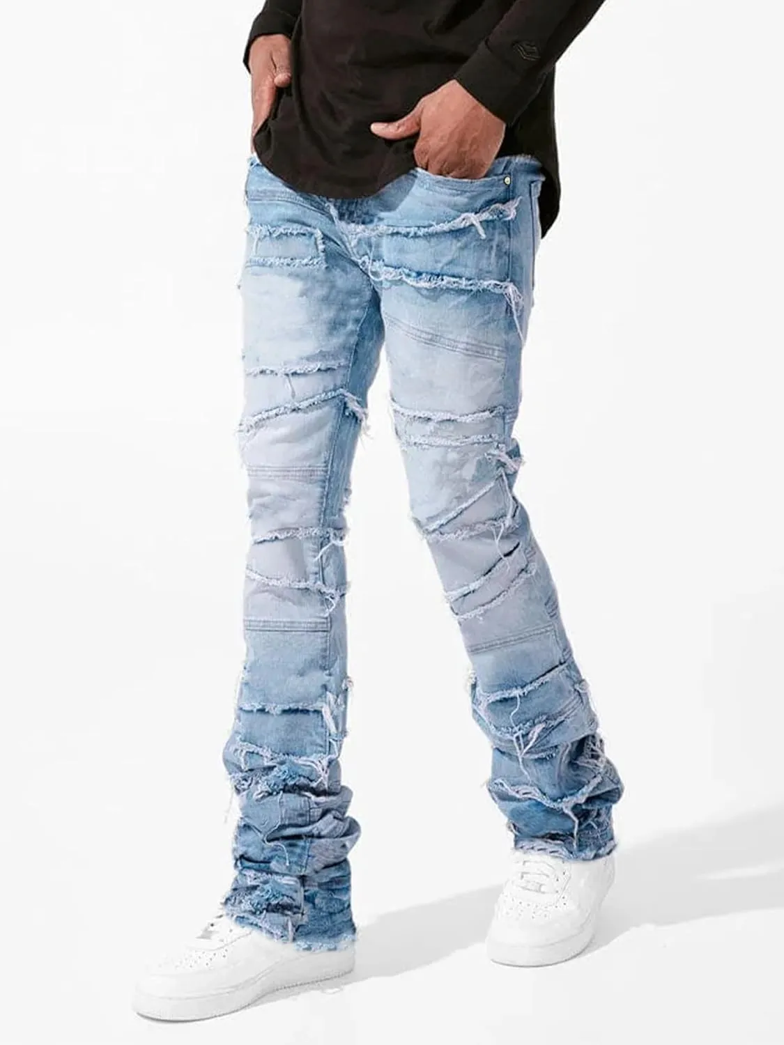 Mens Stacked Jeans Stretchy Distressed Patchwork Slim Fit Straight Leg Denim Pants Hip Hop Trousers Streetwear