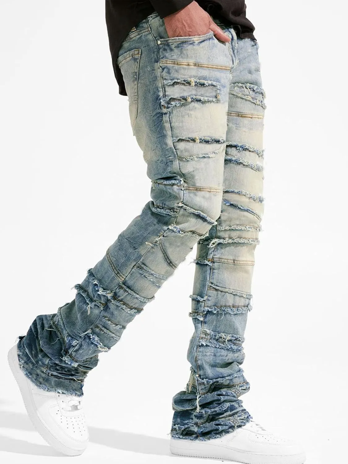 Mens Stacked Jeans Stretchy Distressed Patchwork Slim Fit Straight Leg Denim Pants Hip Hop Trousers Streetwear