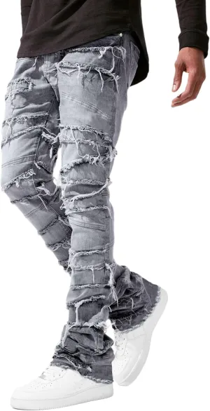 Mens Stacked Jeans Stretchy Distressed Patchwork Slim Fit Straight Leg Denim Pants Hip Hop Trousers Streetwear