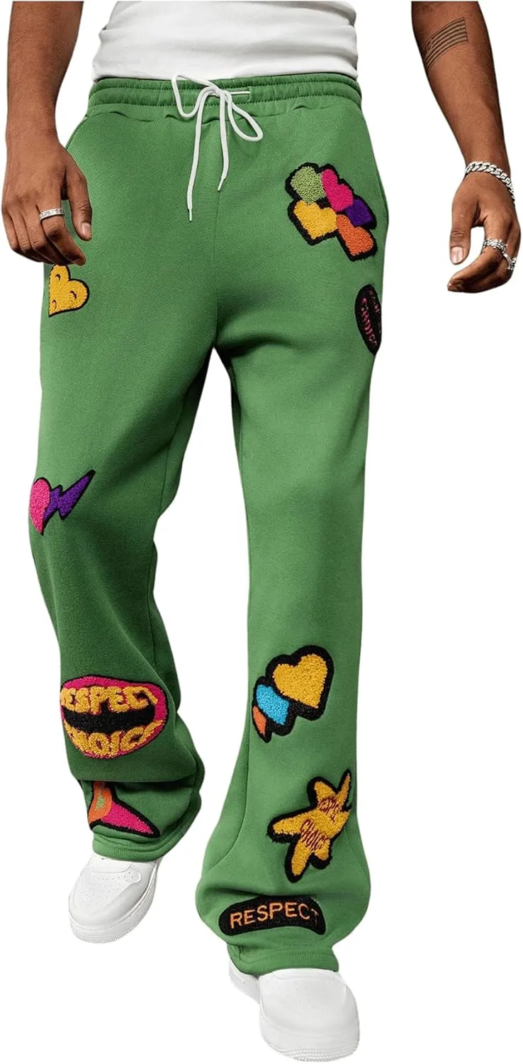 Men's Stacked Sweatpants Y2k Embroidered Drawstring Waist Workout Jogger Pants