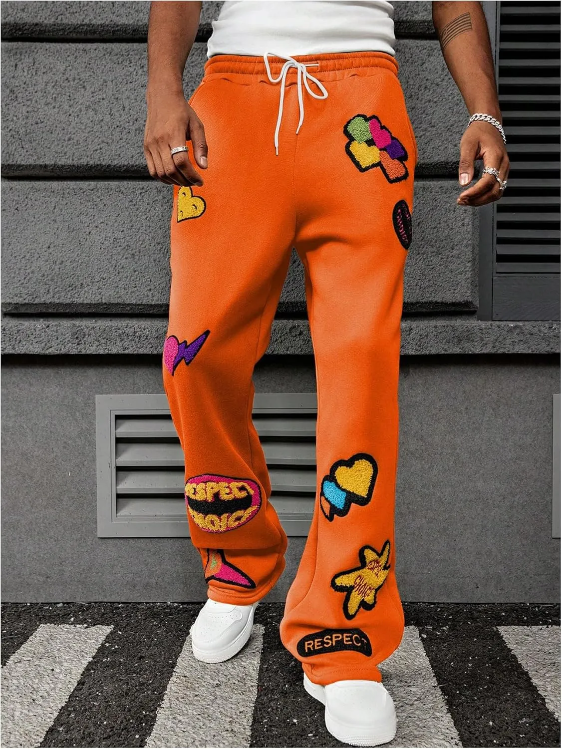 Men's Stacked Sweatpants Y2k Embroidered Drawstring Waist Workout Jogger Pants
